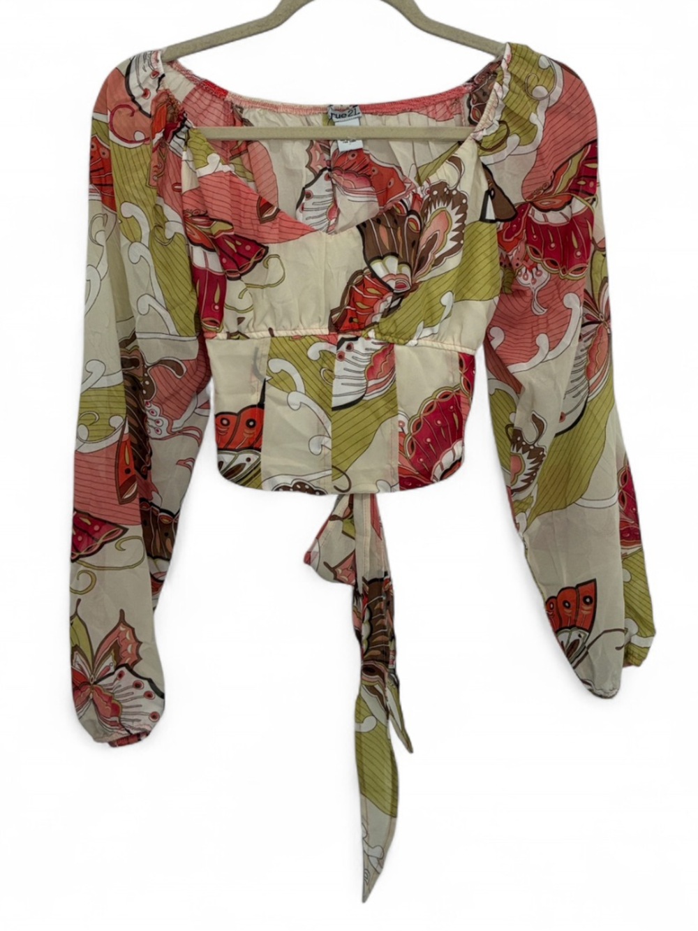 Rue21 Floral Tie-Front Crop Top in Cream, Coral & Olive